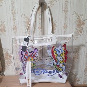 Ed Hardy Transparent Tote with Colorful Butterfly Design